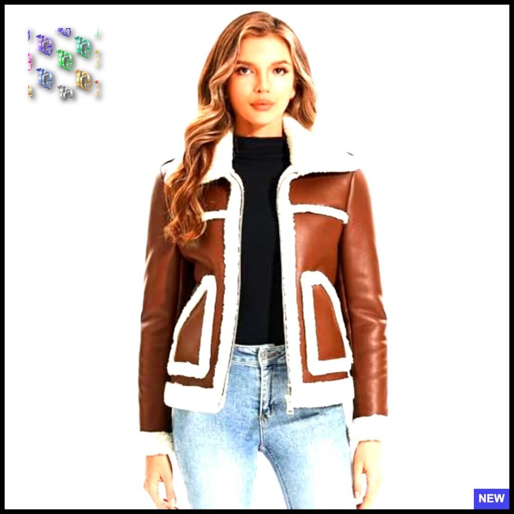 Faux Shearing Moto Jacket Thick Fur Lined Coat Sherpa Leather Chic - Picture 3 of 7